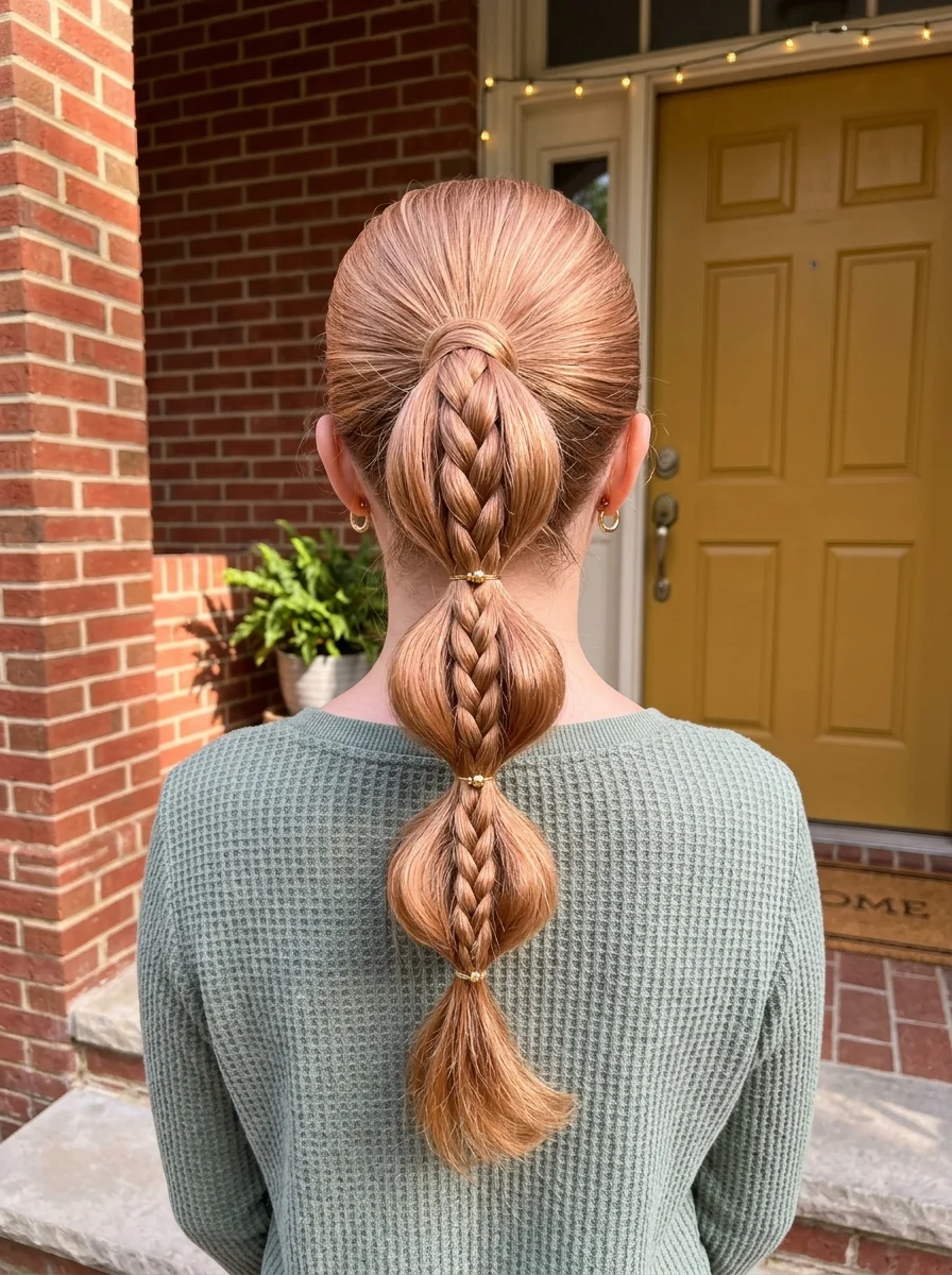 Braided Bubble Ponytail with Gold Bead Cuffs