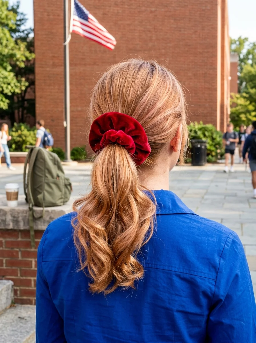 Low Ponytail with Red Velvet Scrunchie
