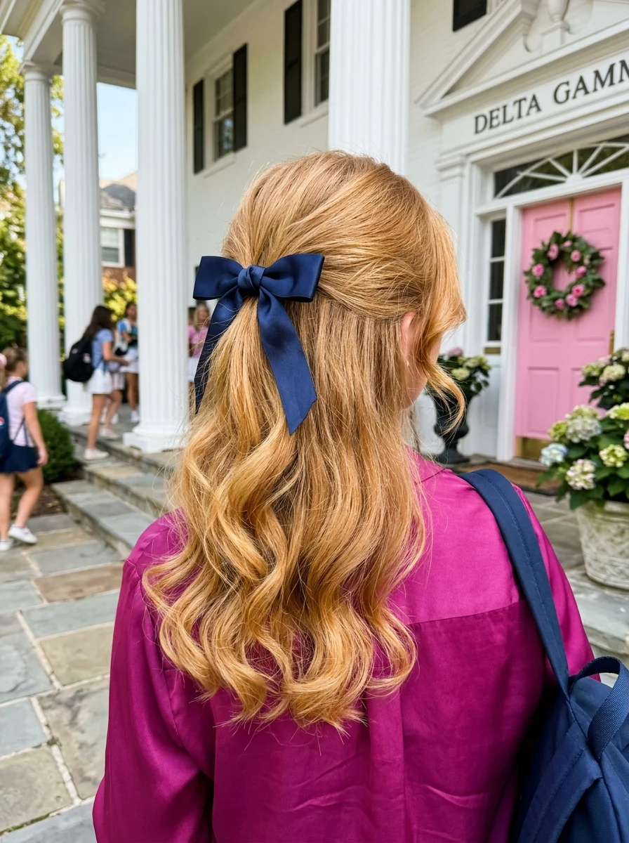 Half-Up with Navy Blue Satin Bow