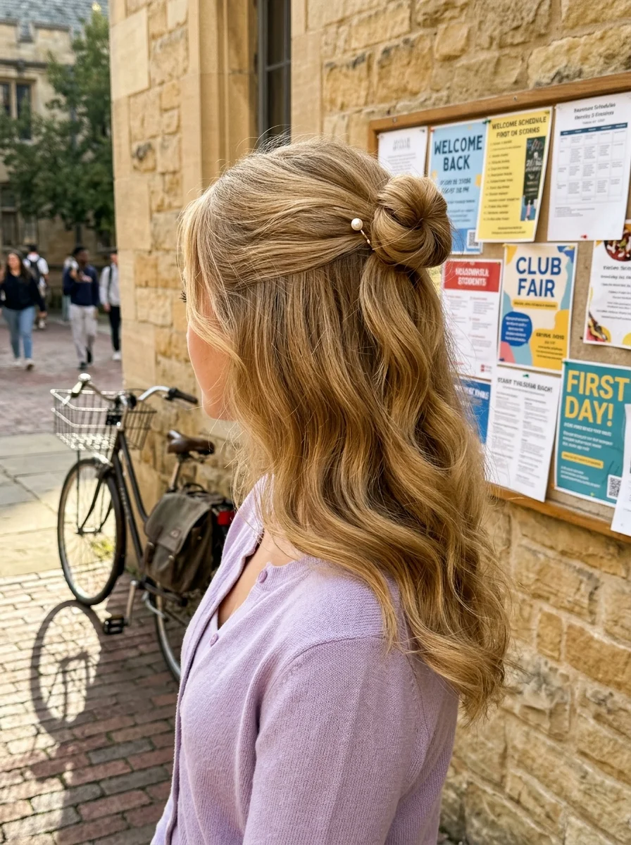 Half-Up Twisted Bun with Pearl Bobby Pin