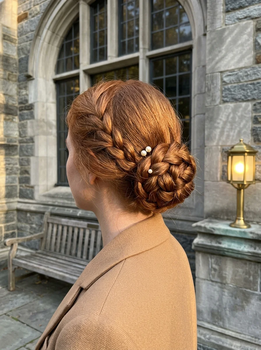Dutch Braid into Braided Low Bun with Pearl Pins
