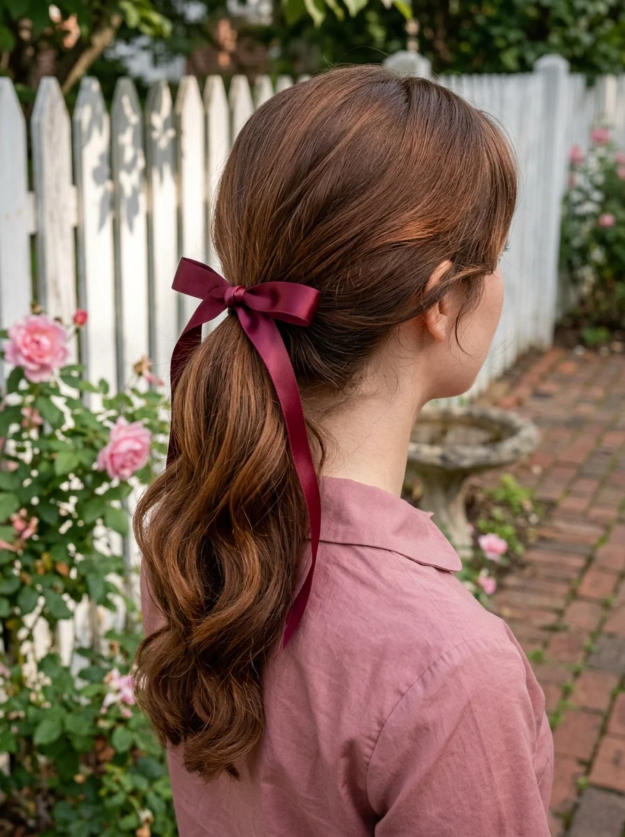 Low Ponytail with Burgundy Bow
