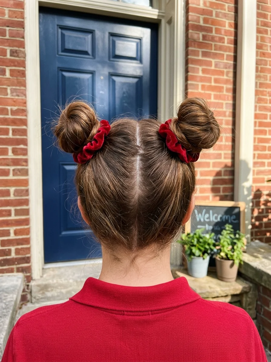 Double Space Buns with Red Velvet Scrunchies