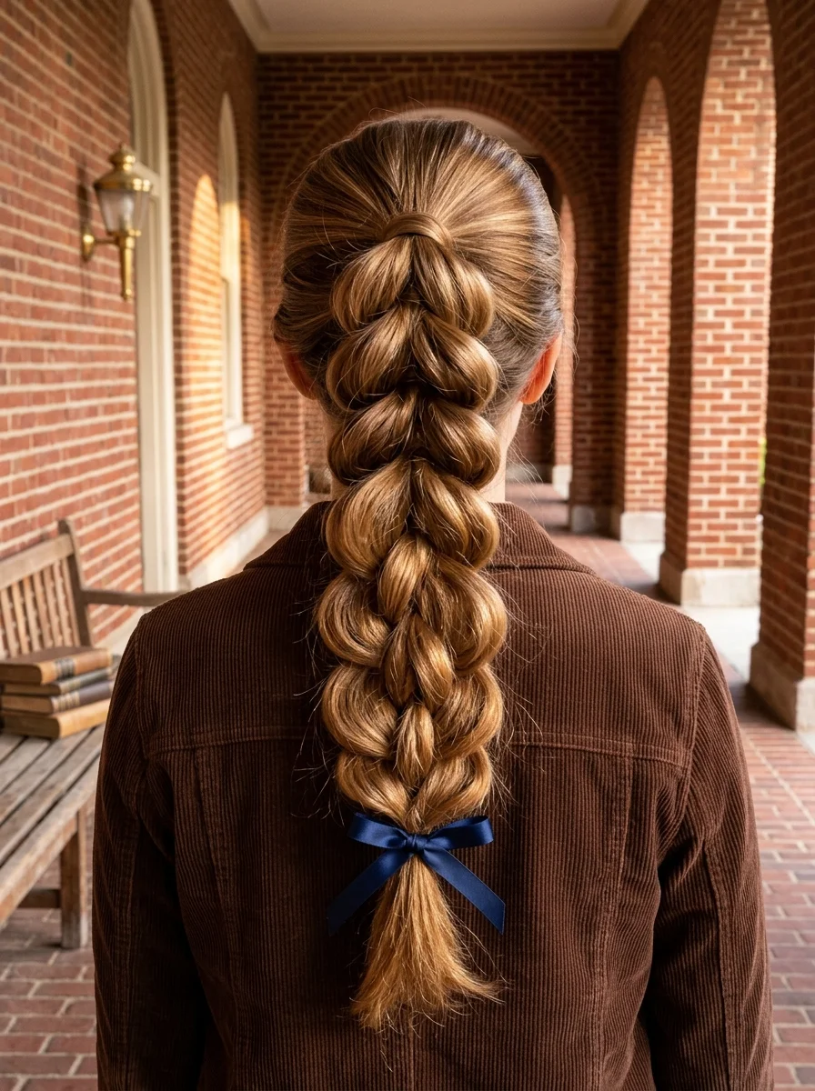 Pull-Through Braid Ponytail with Navy Bow