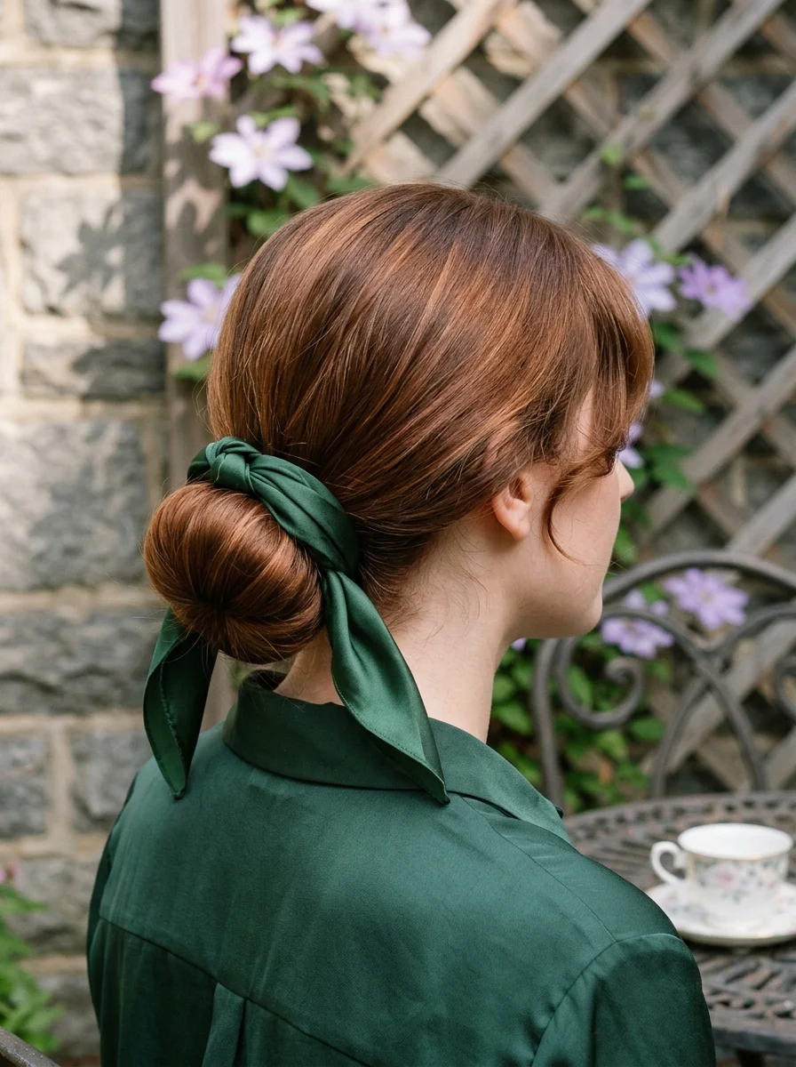 Sleek Low Bun with Green Satin Scarf