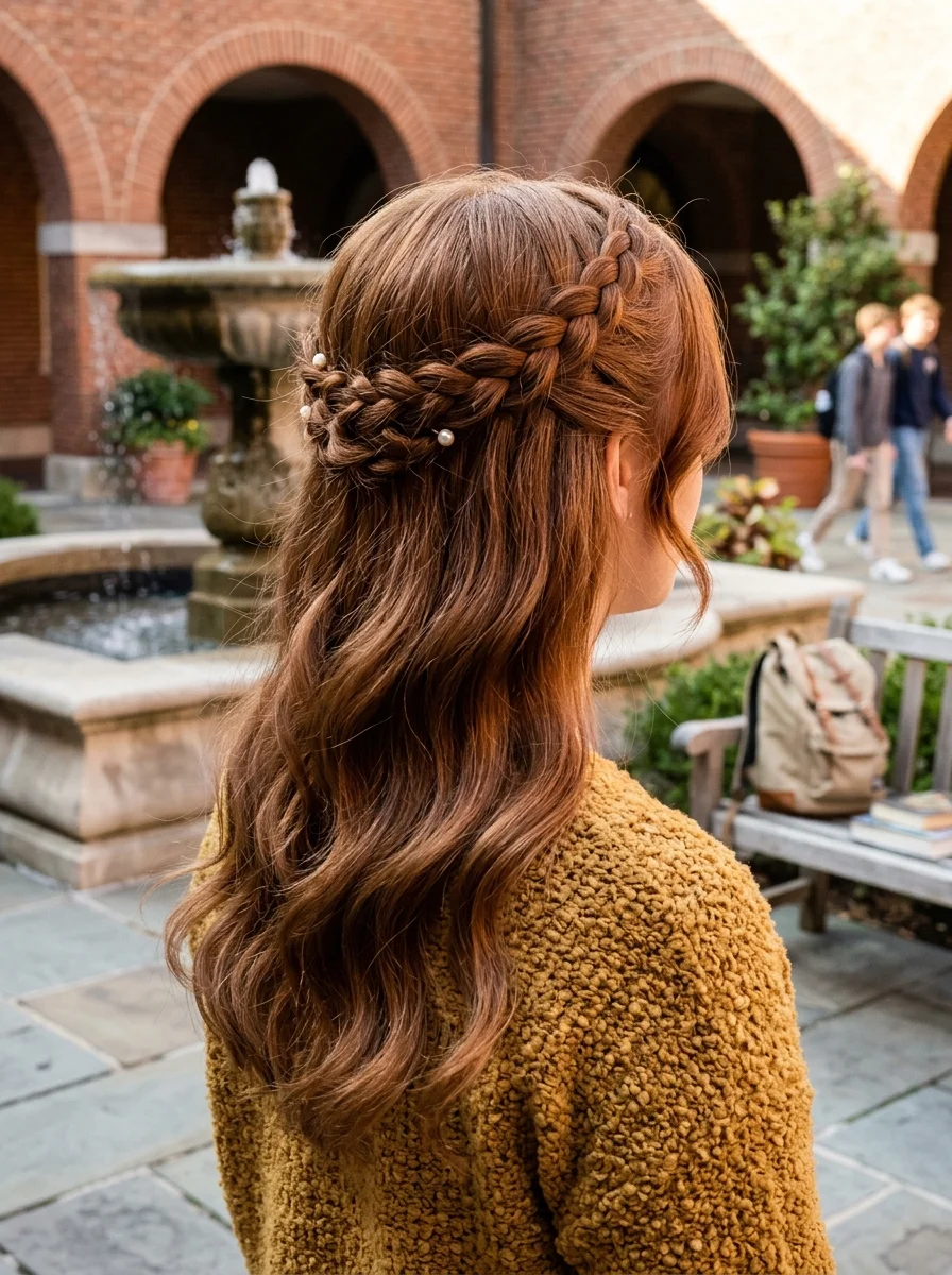 Half-Up Fishtail Braid with Pearl Accents