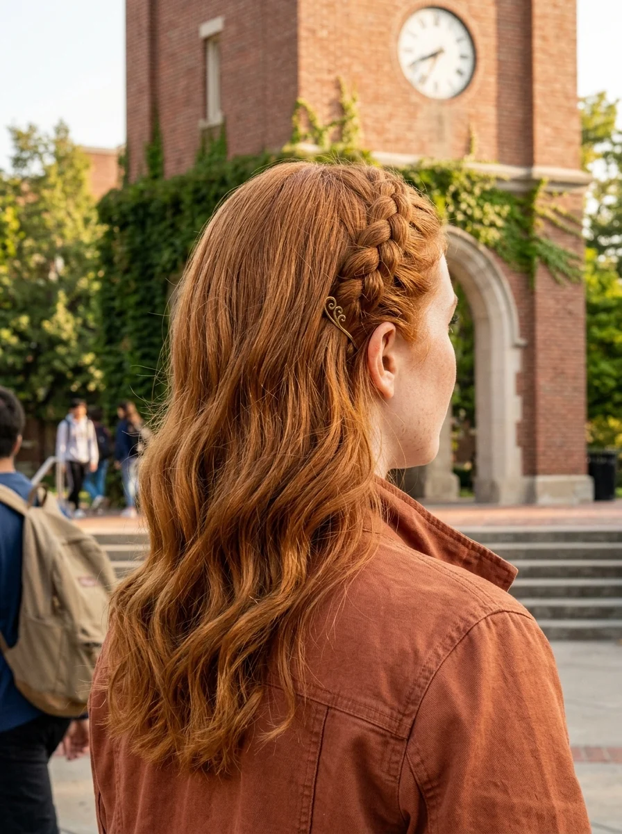 Half-Up Side Braid with Gold Filigree Pin