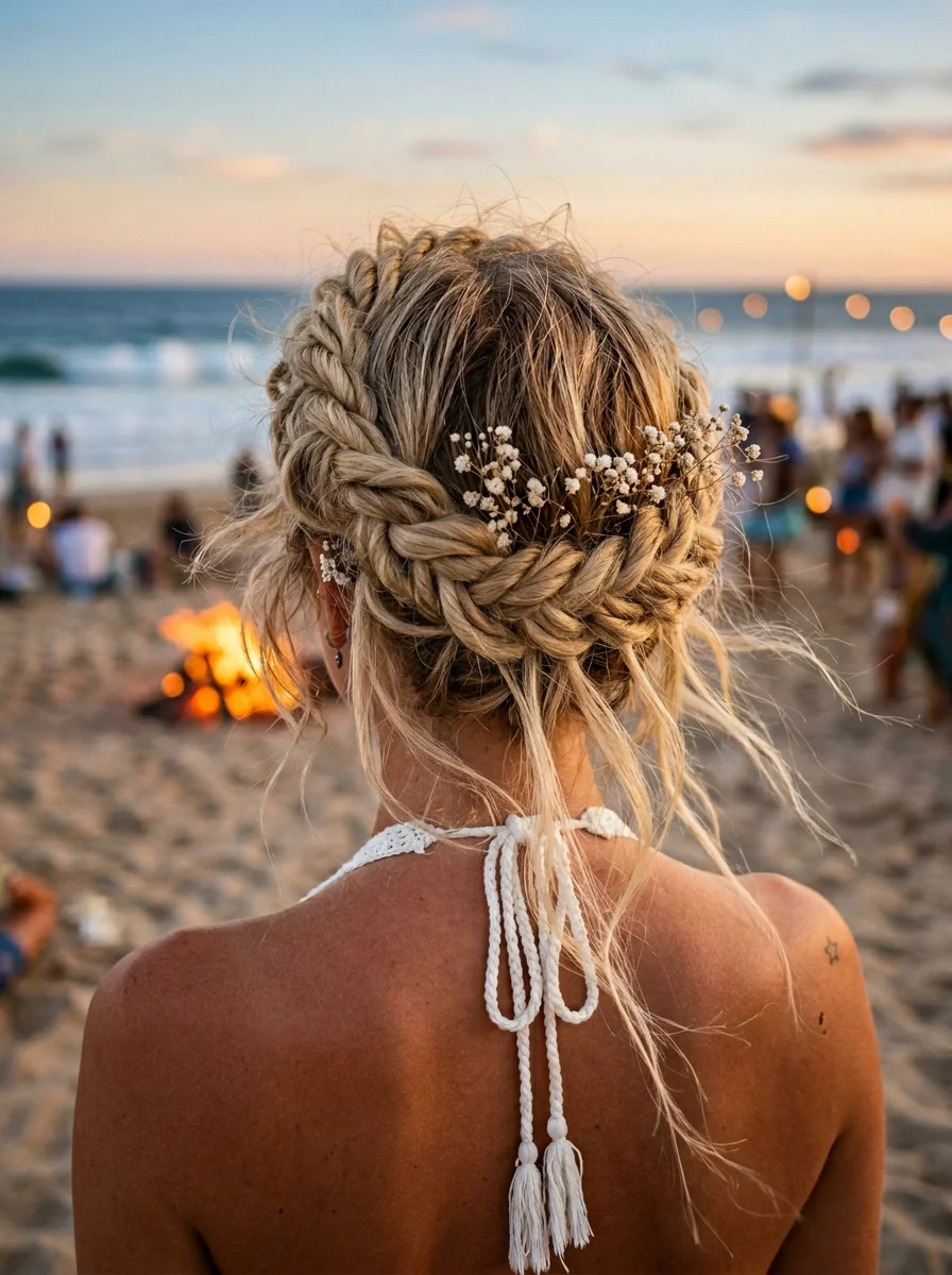 Bohemian Beach Braid Crown with Baby's Breath