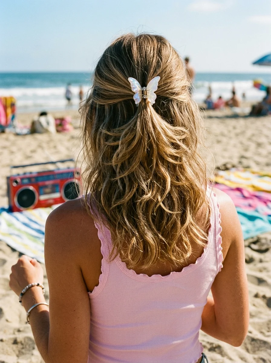 Beachy Waves Half-Up with a Butterfly Clip