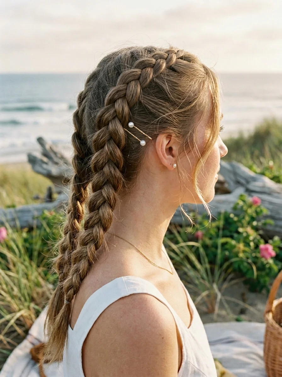 Double Dutch Braids with Pearl Pins