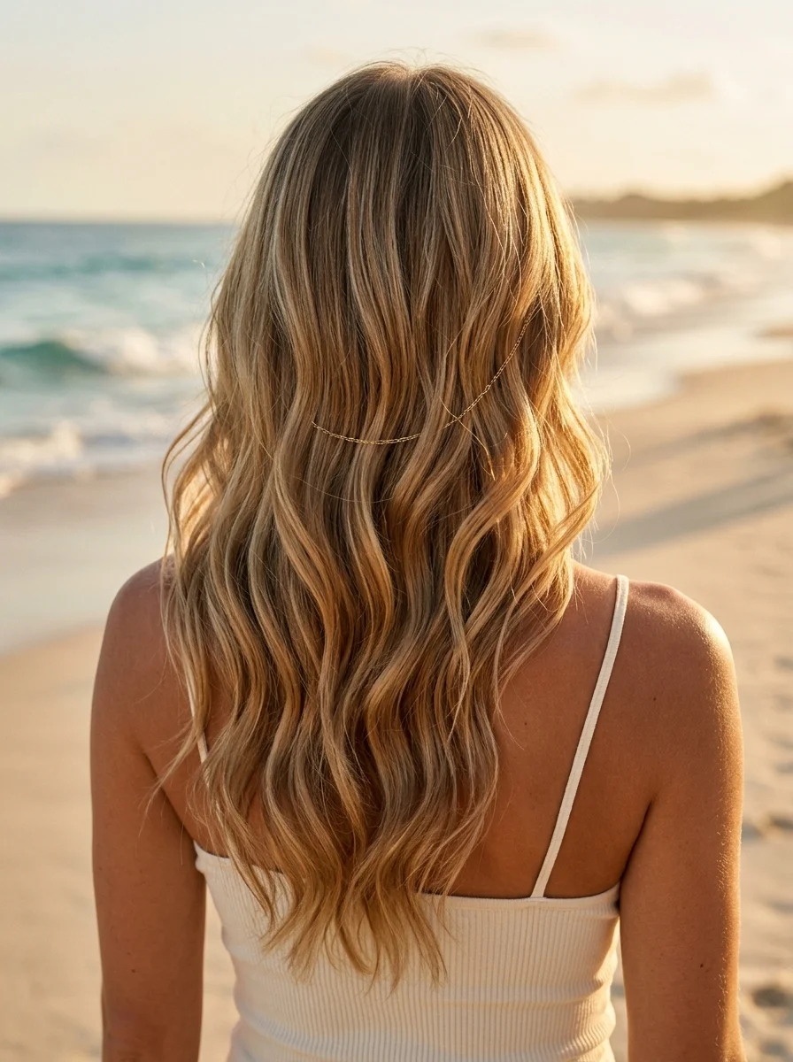 Golden Beach Waves with Delicate Chain Accent