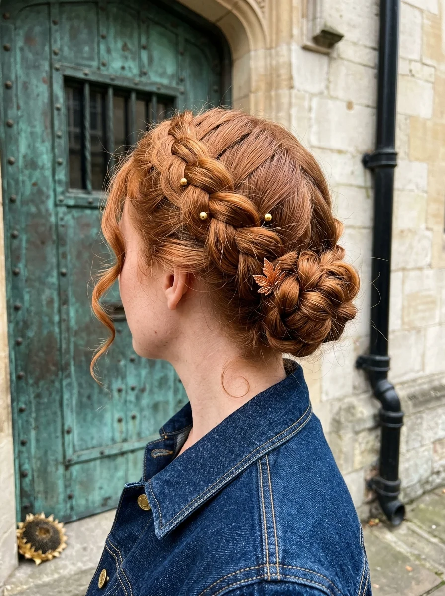 Braided Updo with Gold Leaf Pins
