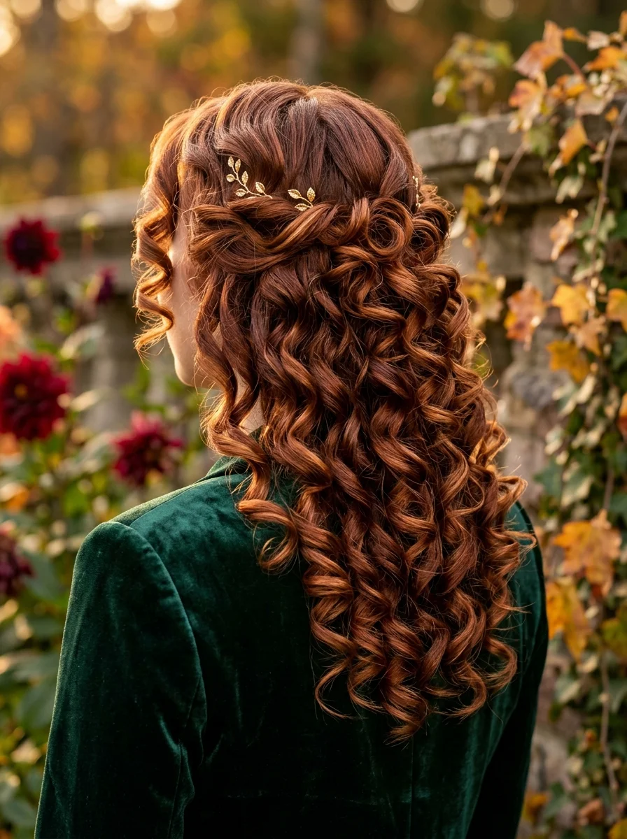Curly Half-Updo with Gold Leaf Pins