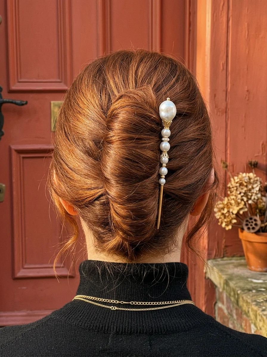 Low Twisted Bun with Pearl Hair Stick