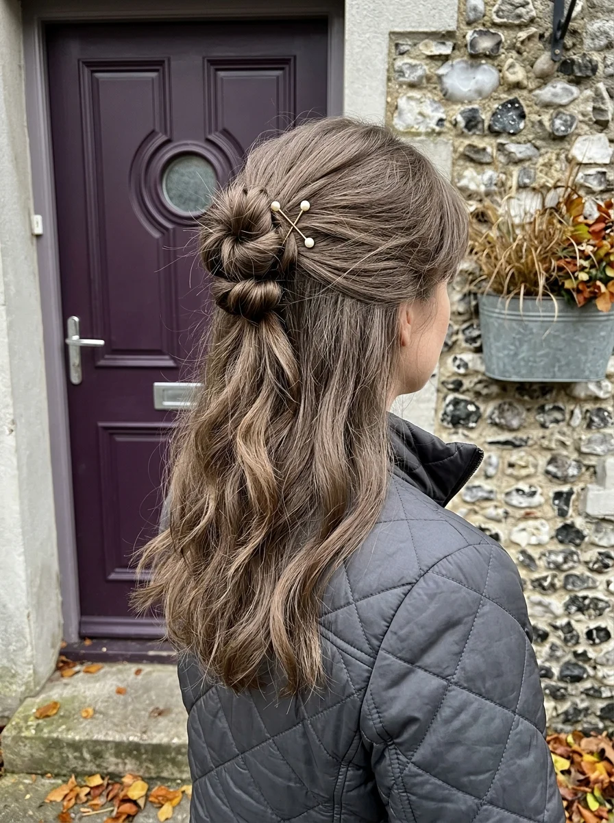 Half-Up Double Twist with Gold Pearl Pins