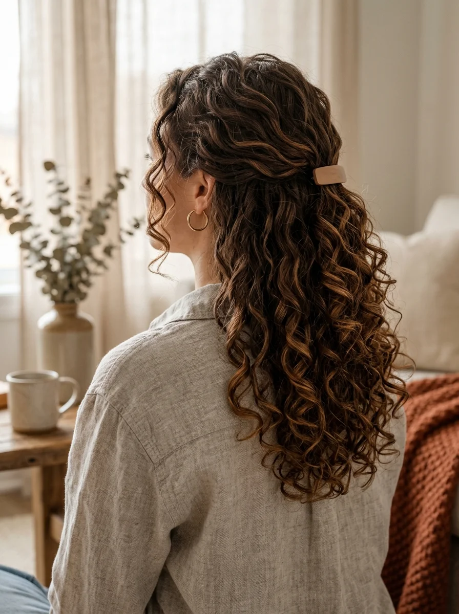 Half-Up Curly Style with Nude Clip