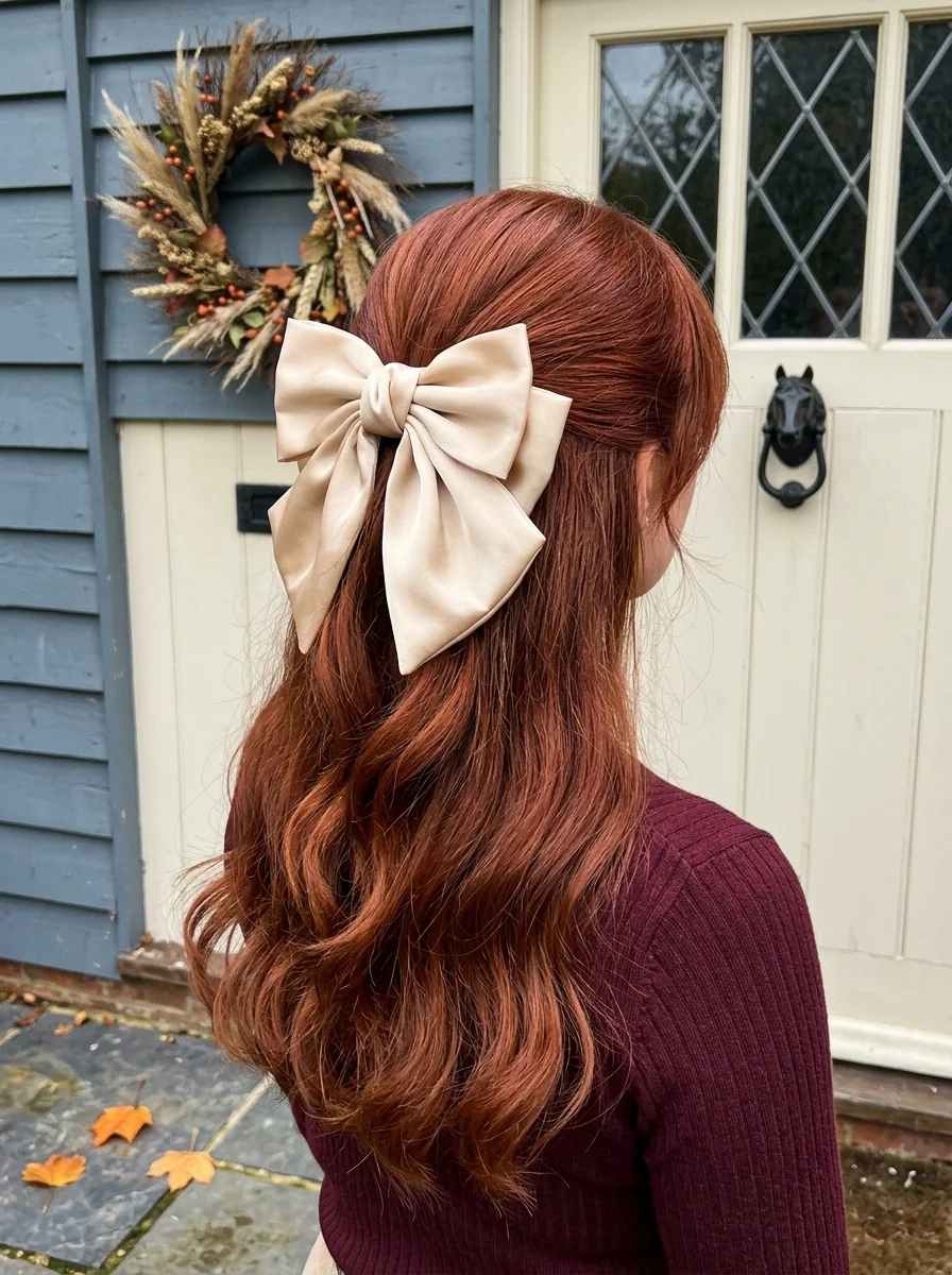 Half-Up Waves with Champagne Satin Bow