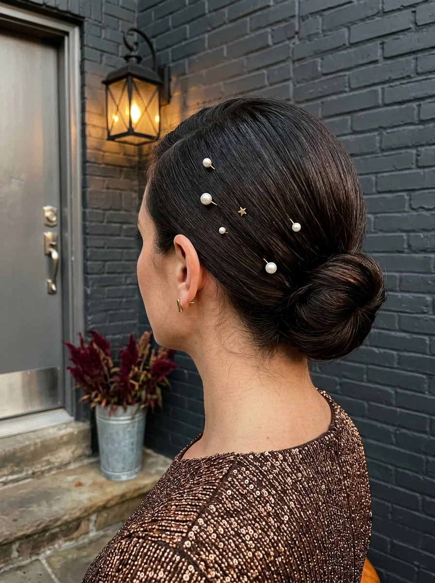 Sleek Low Chignon with Pearl Pins