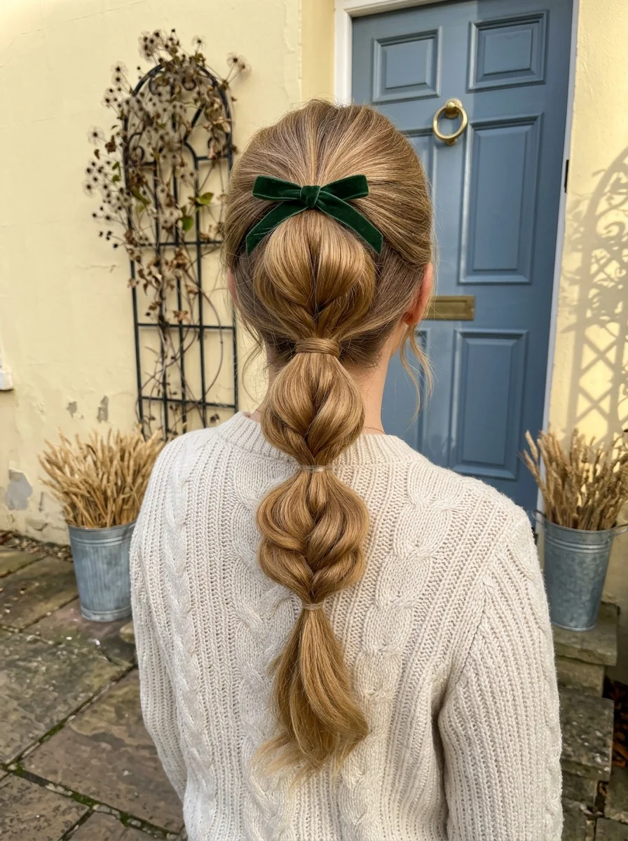 Bubble Ponytail with Emerald Velvet Bow