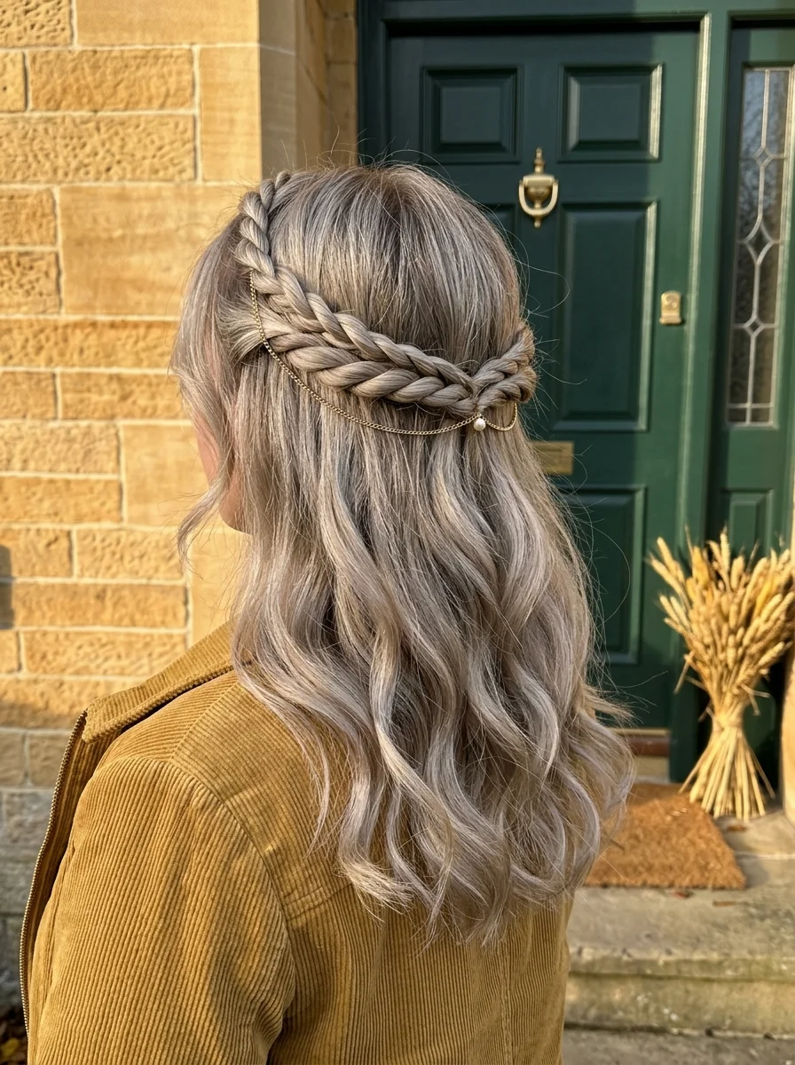 Half-Up Braided Crown with Gold Chain