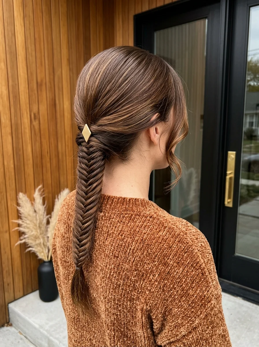 Low Fishtail Braid with Gold Diamond Clip