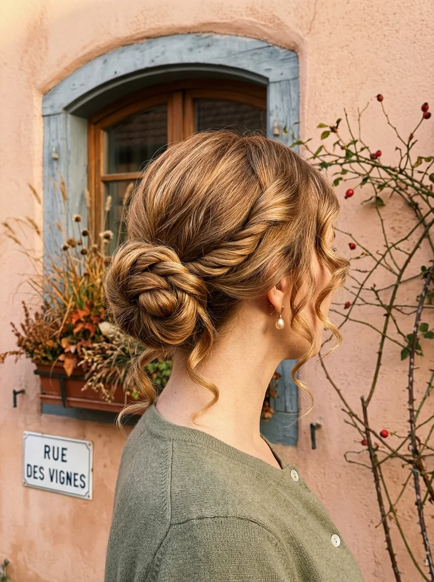 Romantic Low Twisted Updo with Pearl Drop