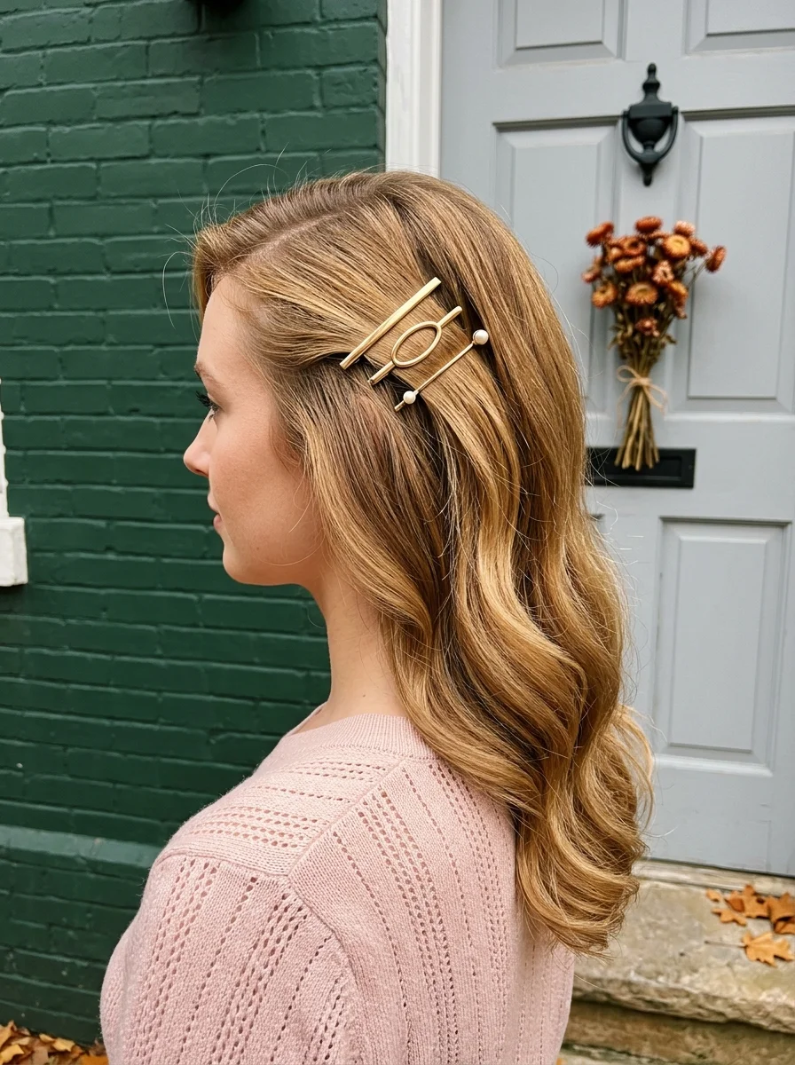 Half-Up Waves with Gold Pearl Barrette