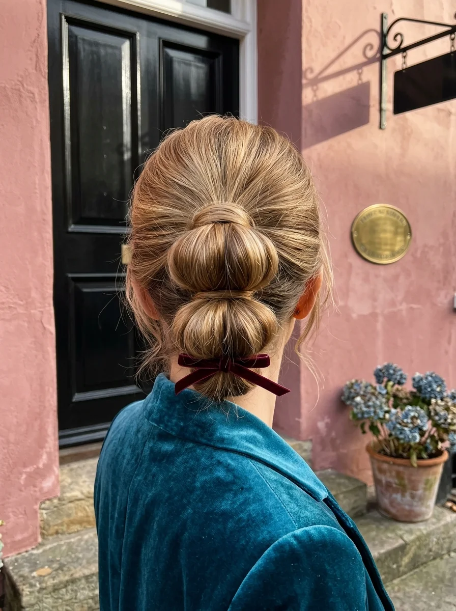 Low Double Bun with Burgundy Velvet Bow