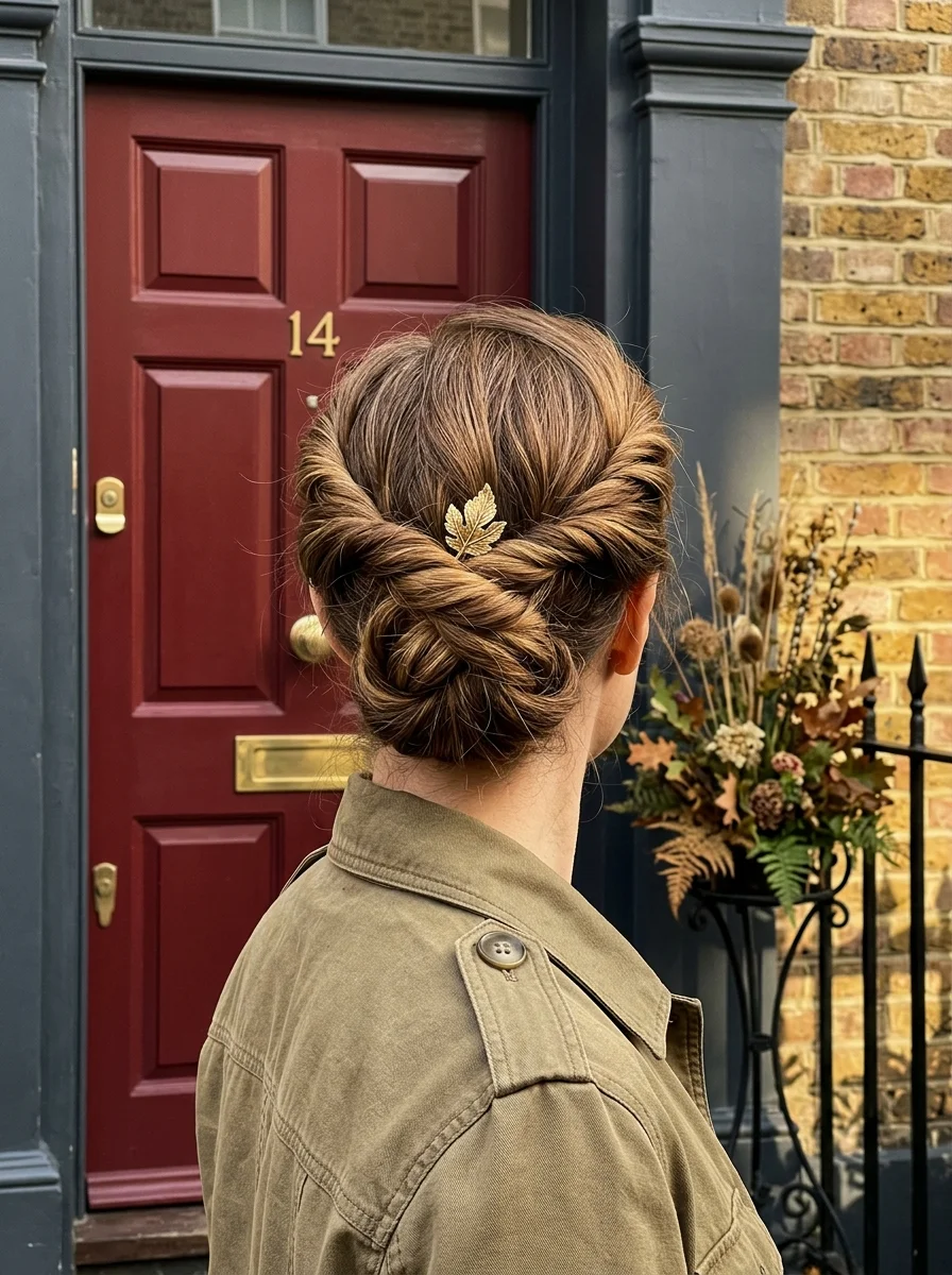 Low Twisted Updo with Gold Leaf Pin