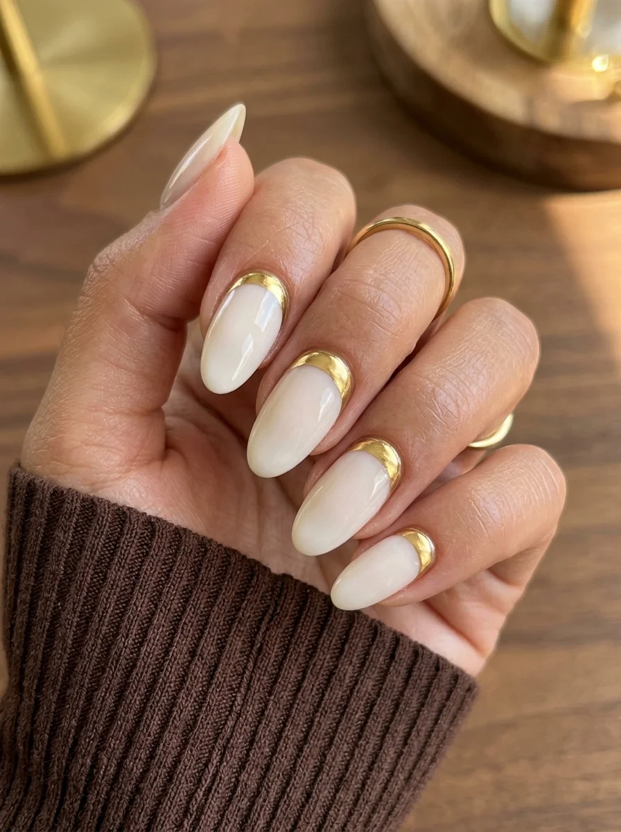 Almond nails with milky white base and gold metallic crescent shapes at the cuticle area, like a reverse French manicure.