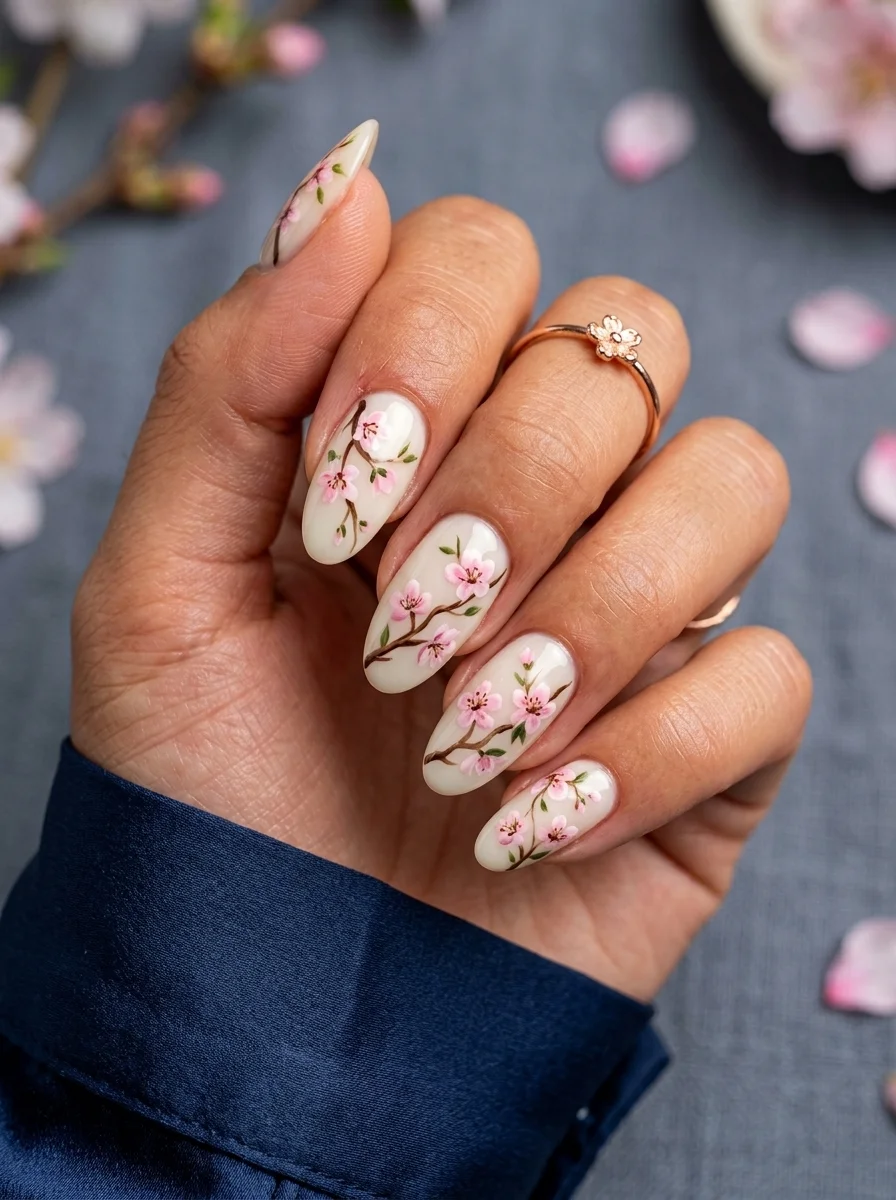 Almond nails with milky white base featuring delicate pink cherry blossom branches painted across each nail.