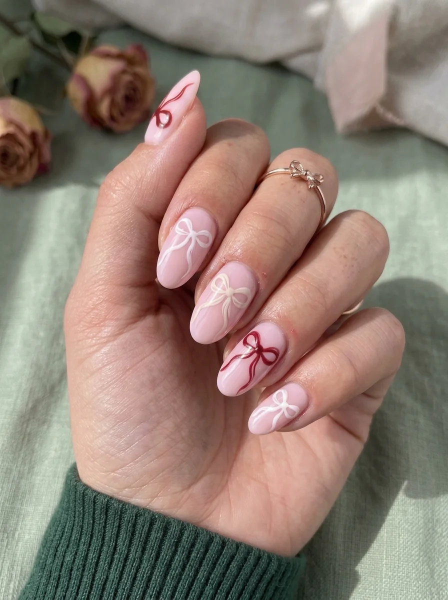 Almond nails with soft pink base featuring hand-painted bows in white and deep red, with some nails having ribbon trails.