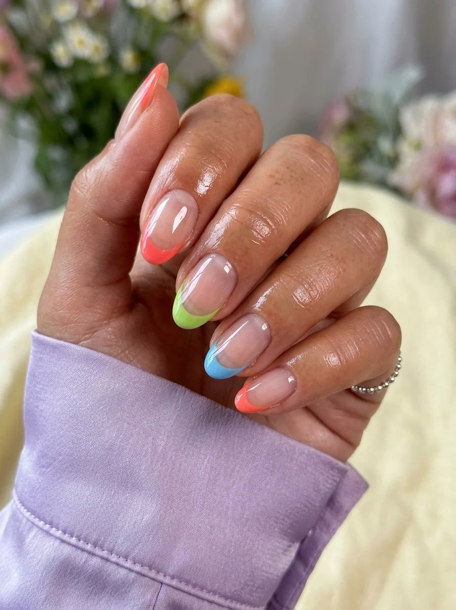 Almond nails with sheer nude base and thin neon French tips in coral pink, lime green, and sky blue on different nails.
