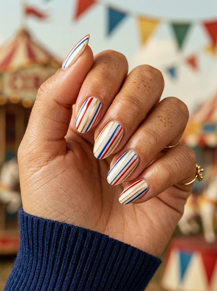 Almond nails with white base featuring vertical stripes in red, blue, and gold running from cuticle to tip.
