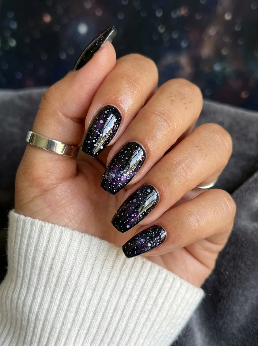 Long coffin nails with glossy black base featuring purple and white glitter specks resembling a starry night sky.