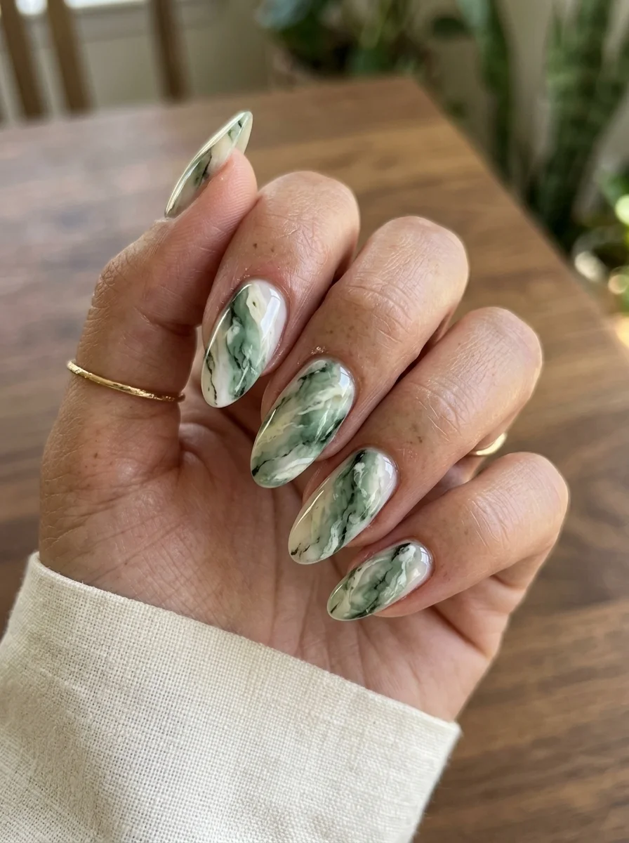 Almond nails with a green and white marbled design resembling polished jade stone with organic veining.