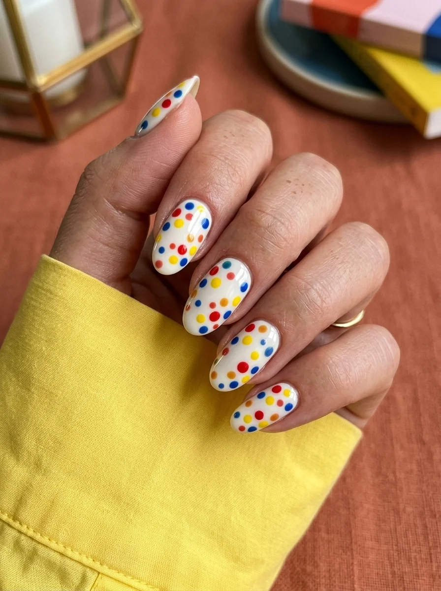 Almond nails with white base covered in scattered red, blue, yellow, and orange polka dots of varying sizes.