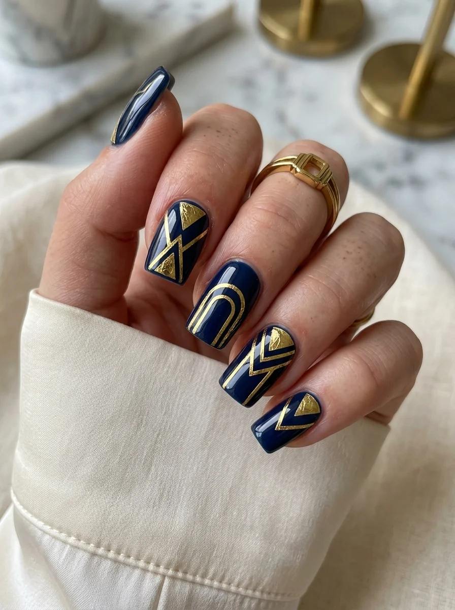 Coffin nails with deep navy blue base featuring gold metallic geometric lines in arcs, zigzags, and triangular patterns.