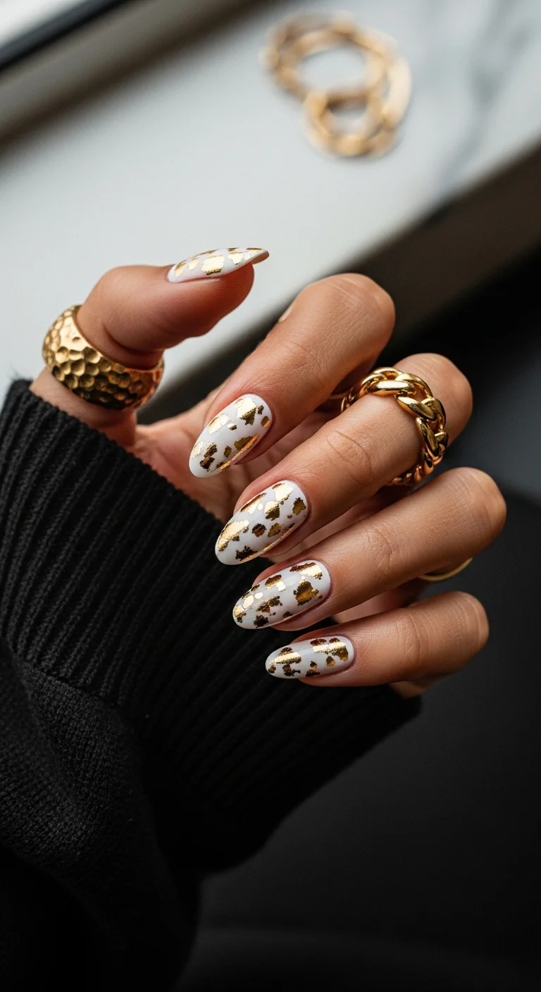 Crisp white almond nails with organic gold leaf flakes.
