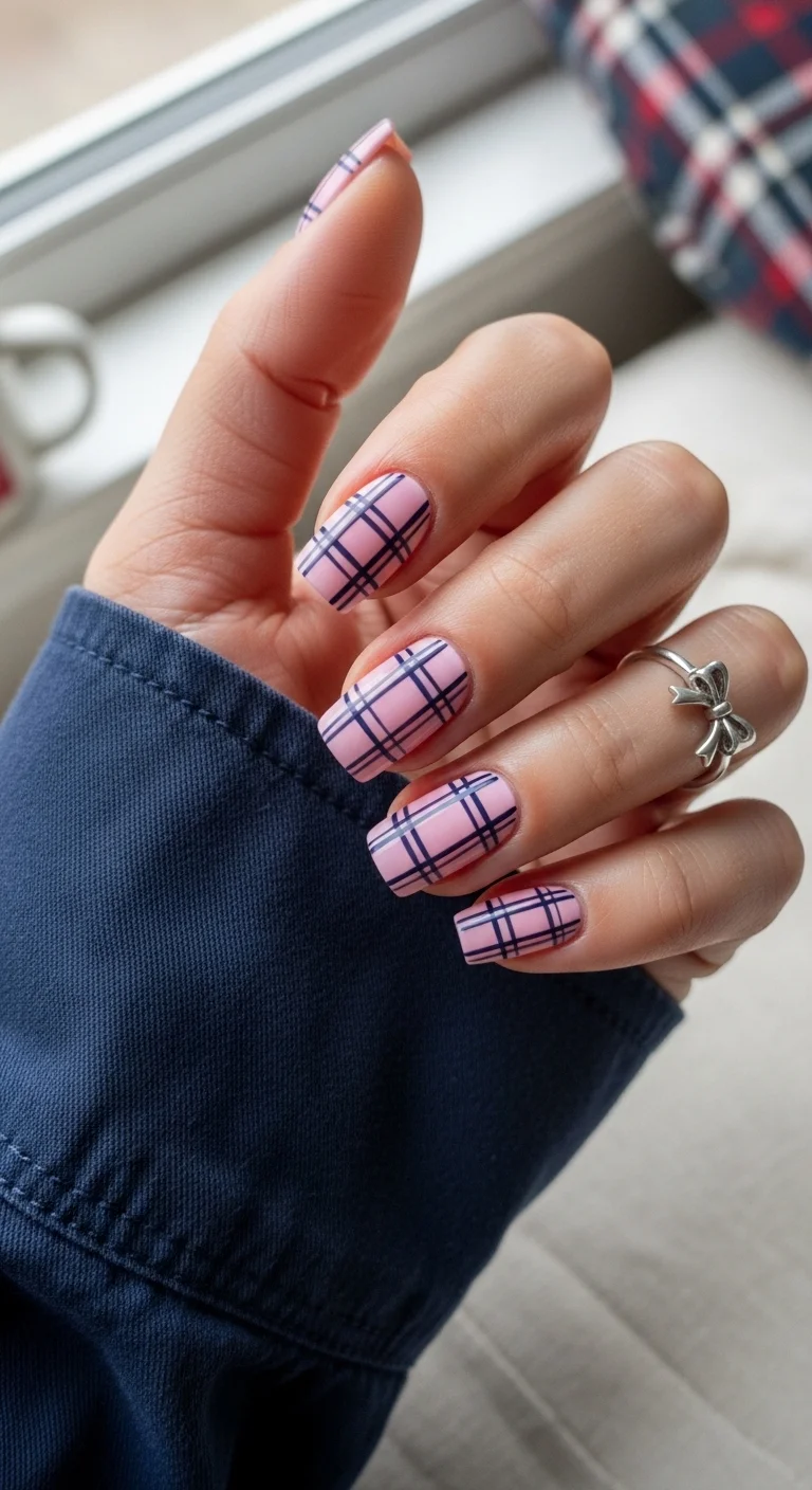 Short squoval pink nails with a crisp navy blue plaid pattern.