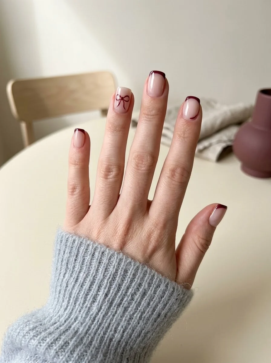 Burgundy French Tips with Bow Accent - Sheer nude nails with thin burgundy French tips and a delicate bow detail