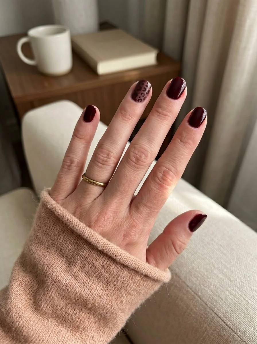 Burgundy Nails with Leopard Accent - Deep burgundy nails with soft tonal leopard print on nude accent nail