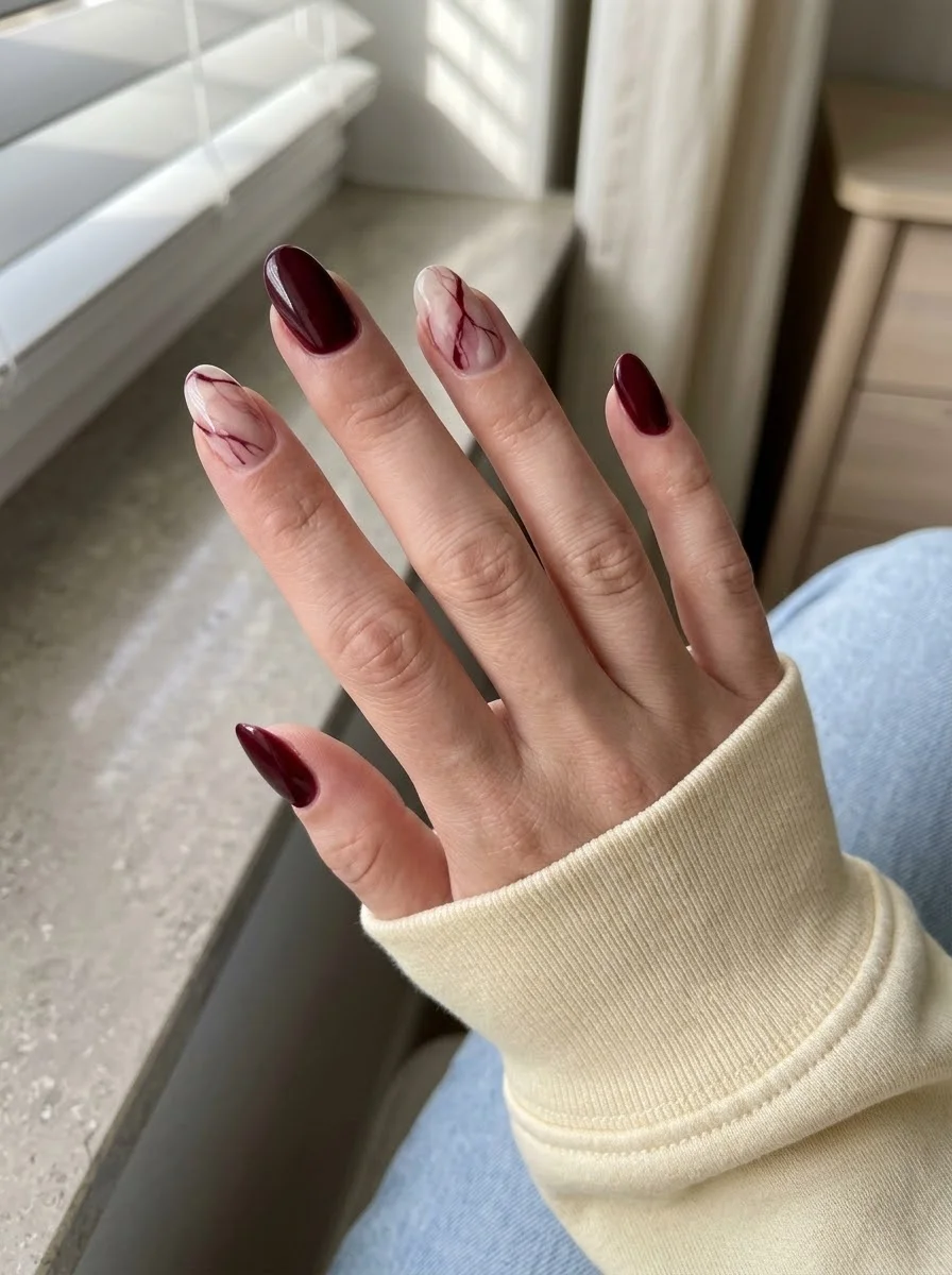 Burgundy Marble Vein Accent Nails - Wine red nails with delicate marble veining on sheer accent nails