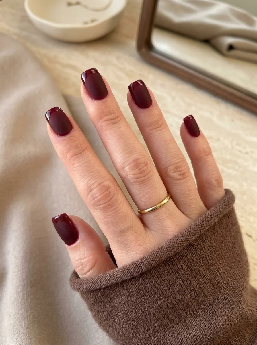 Classic Glossy Burgundy Short Nails - Deep wine burgundy polish on short square nails