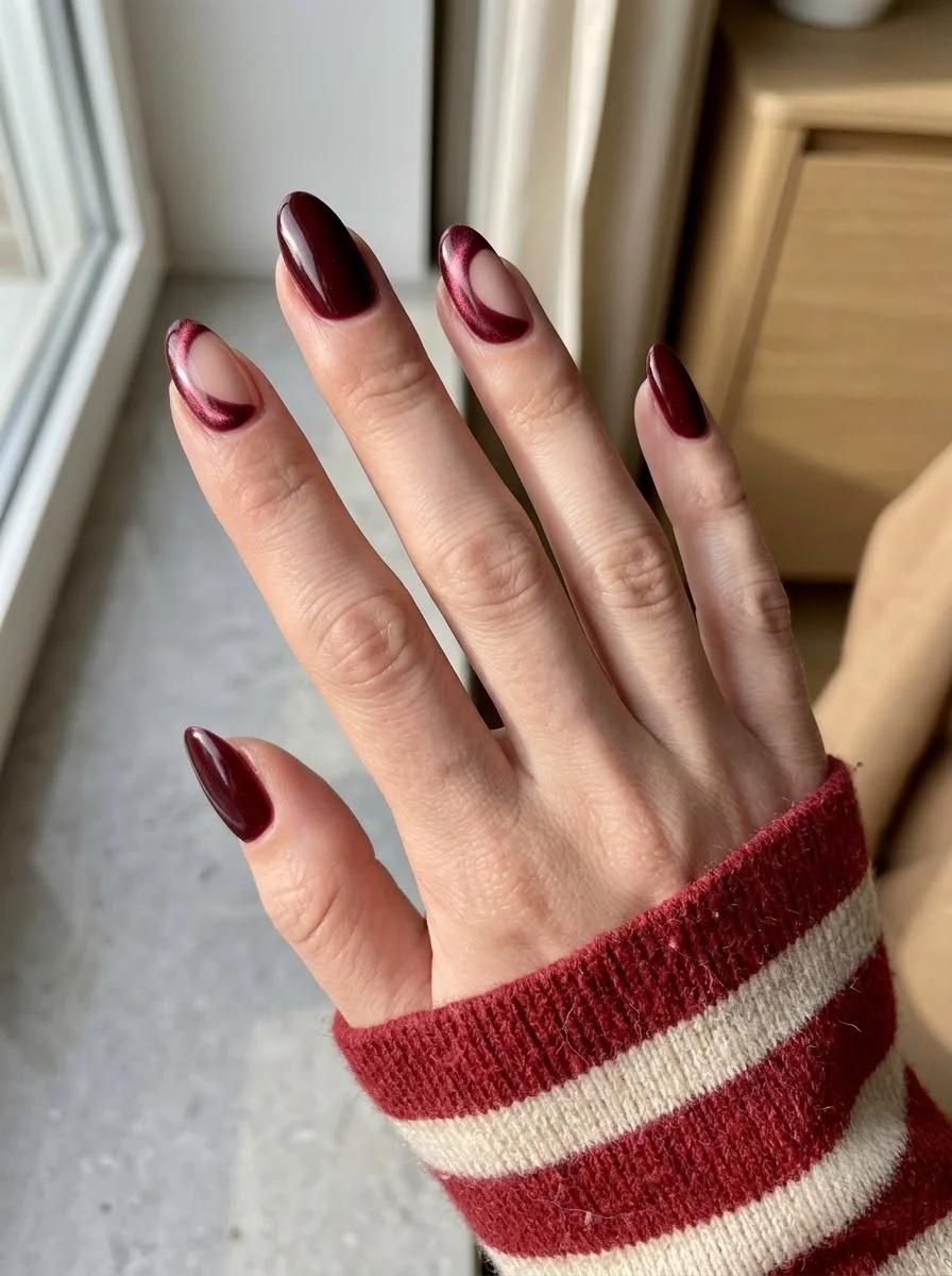 Burgundy Nails with Gold Wave Accent - Rich wine nails with nude accent nail featuring burgundy curve and gold wave line