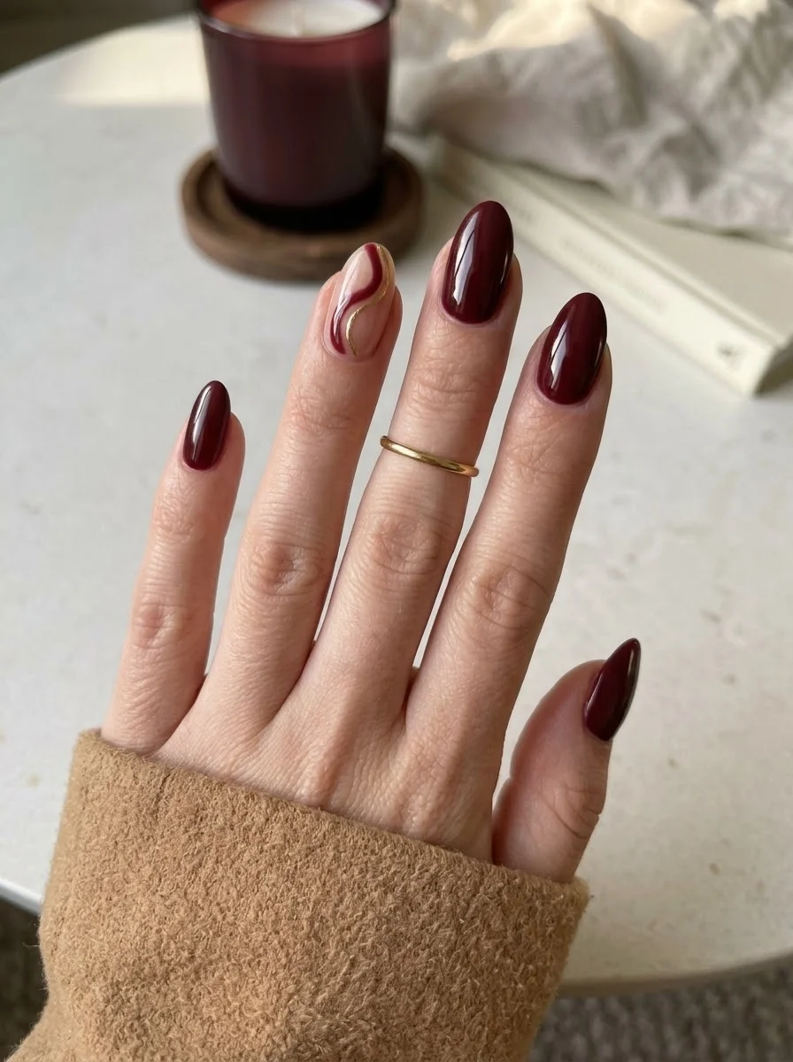 Burgundy Velvet Swirl Accent Nails - Deep burgundy nails with shimmering curved velvet swirl accents