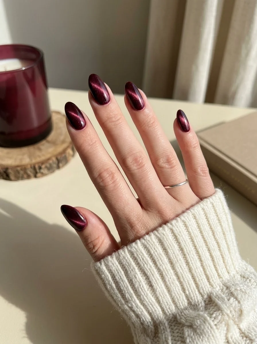 Burgundy Cat Eye Nails - Magnetic deep burgundy shimmer nails with velvet light-reflecting effect