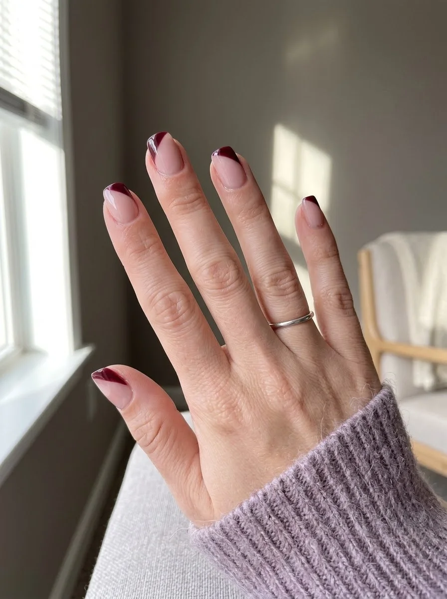Burgundy Micro French Tip Nails - Sheer pink-nude base with ultra-slim burgundy micro French tips