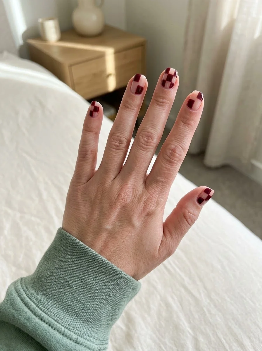 Burgundy Checkerboard Nails - Short nude nails with graphic burgundy checkerboard accent pattern