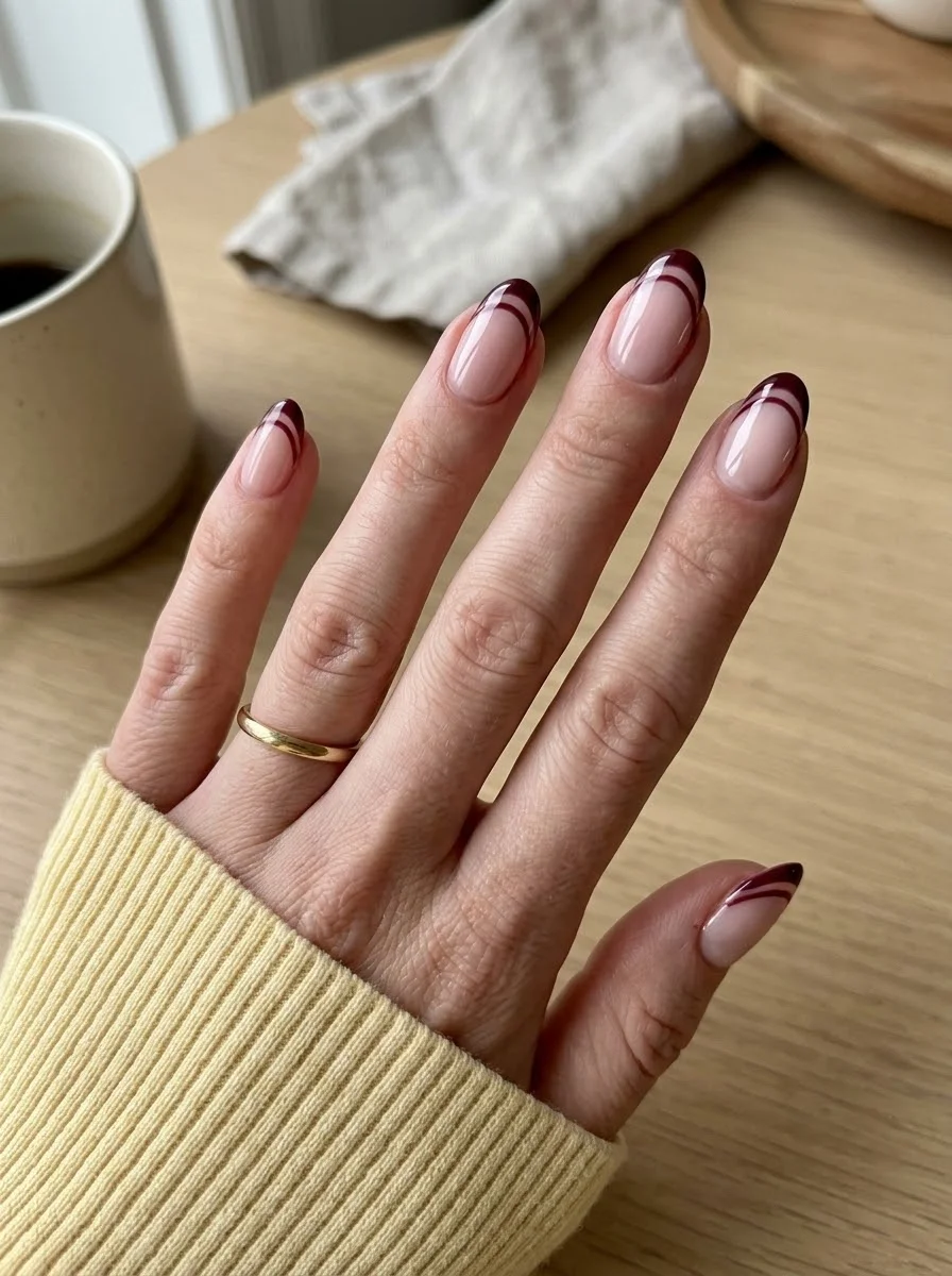 Double Burgundy French Tip Nails - Soft nude base with layered double burgundy line French tips